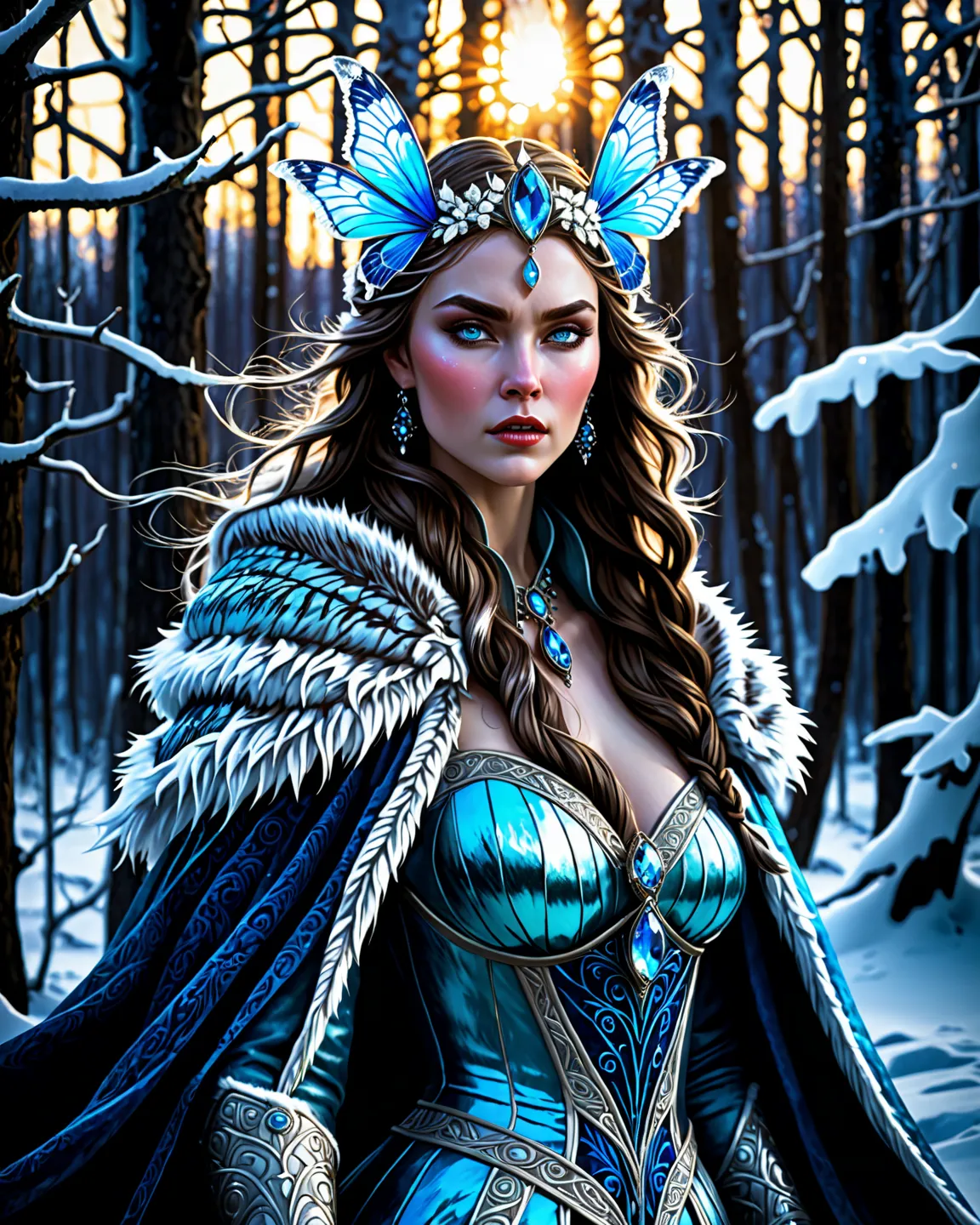 evil snow queen, beautiful but deadly, primal, furs, viking spirit, freya goddess, intricate facial details, piercing eyes, regal posture, dynamic movement, icy powers, howling blizzard, frozen tundra, jagged glaciers, northern lights, ornate fur cloak, de...