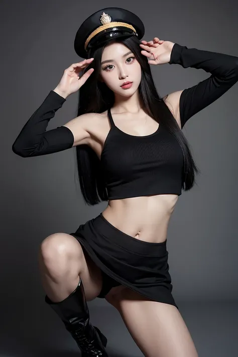 ((best quality)), ((masterpiece)), (detailed), 1girl, beautiful straight black long hair , seductive gaze ,sexy pose , standing position , wearing general hat, wear revealing soldier uniform , wear soldier skirt , revealing stomach , saluting , army boot c...