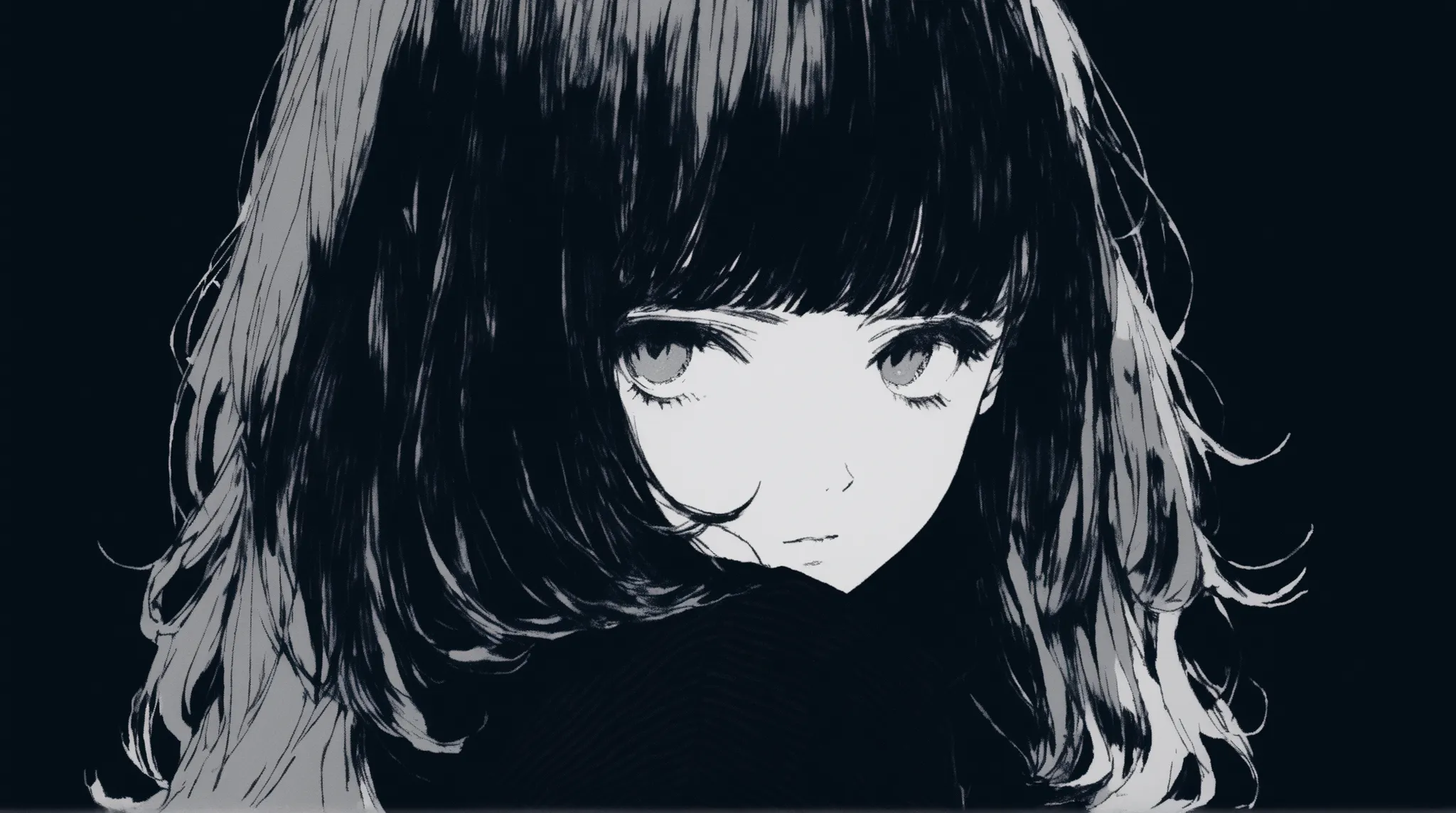 ( best quality , sketch:1.2), dark monochrome background , Japanese Manga , Illustrator ,Japanese Manga , 1 girl, Gentle lips,  sweater  ,custom,background completely black, Neon Hair, texture clipping,Canada, Masterpiece,  style: Retro Classic, 深いblack, a...