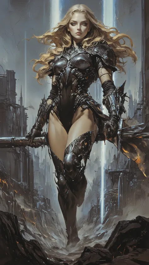 full body, Female Knight，fear ，sci-fi，future，armor，sexy，long golden hair，Wayne Reynolds draws，in a highly detailed and dynamic style, 