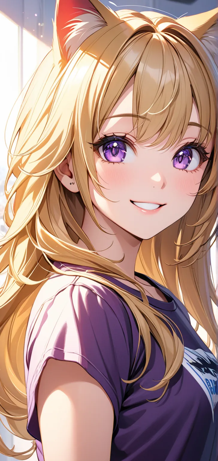 ultra high resolution, rich colors, Perfect image,   t-shirt,    detailed image, beautiful light yami ,  long hair ,   blonde ( :1.3),  hair, , purple eyes  , cat ears,  smile, 