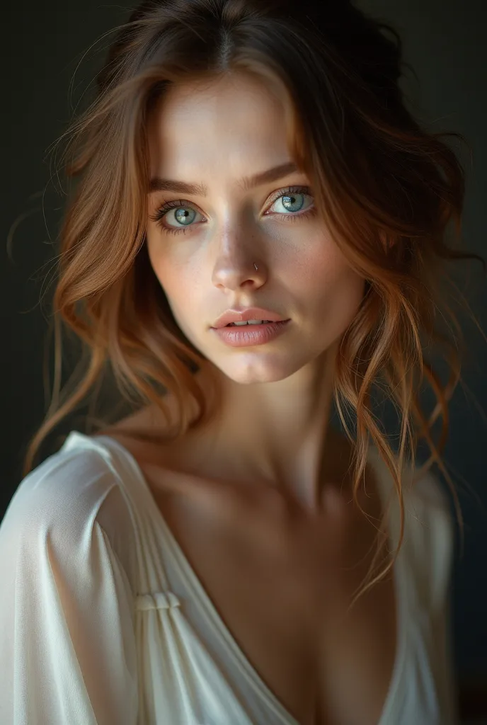 A detailed facial portrait of a beautiful, one-of-a-kind woman. Emphasize her expressive blue eyes and soft, warm brown hair that gently contours her face