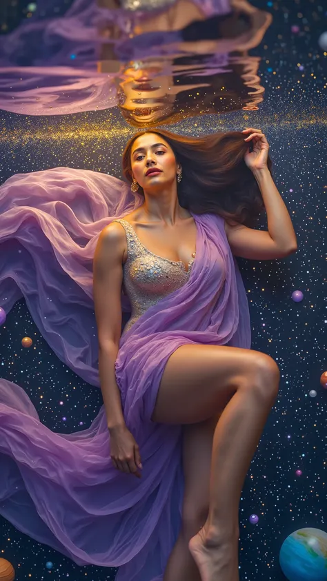 A celestial woman drifts in a zero-gravity space ocean, her body wrapped in an endless veil that glows like woven stardust. The fabric flowing infinitely around her, shifting between deep nebula purples and radiant golden hues. Her long, dark hair intertwi...