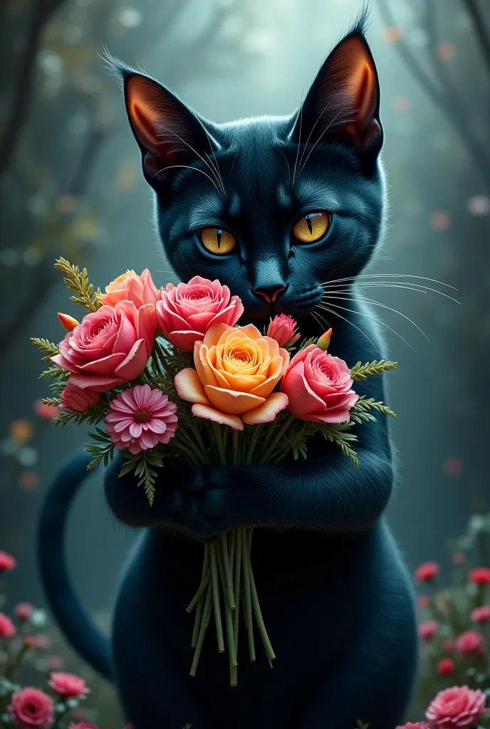 Black cat holding a bouquet of flowers