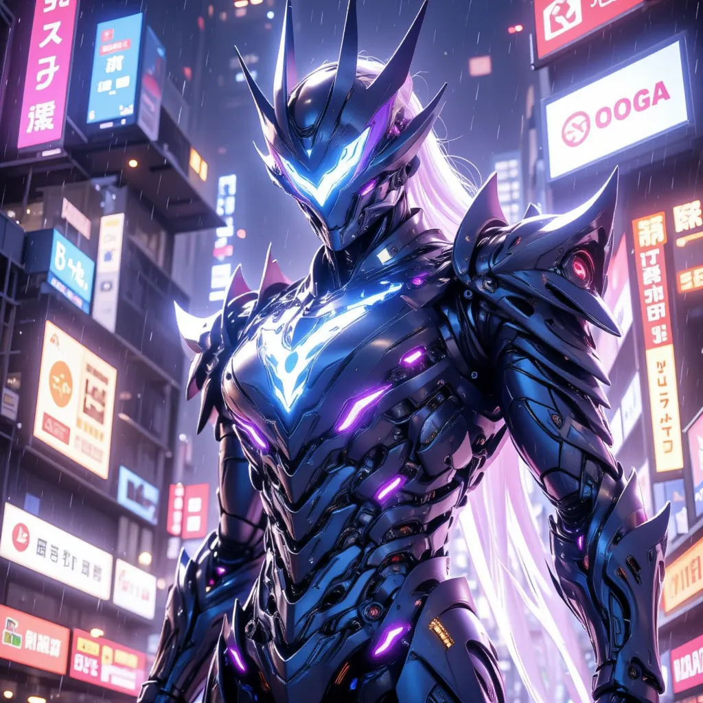 "A sleek, neon-lit robot with a glowing radioactive symbol on its chest, covered in vibrant metallic blue and purple armor, standing in a futuristic city with holographic billboards reflecting off its body."