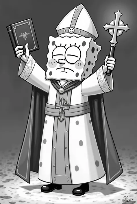 Arenita must be seen in black and white (From the SpongeBob series) dressed in a holy robe of the Catholic religion (worthy of the Pope), raising your right hand and holding a sacred book with your left. All this with your eyes closed and with serious expr...