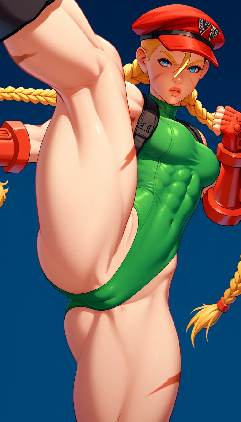 female character「 cammy white 」Digital illustration taken . The character has a light skin tone, blue eyes,  and has long blonde hair in two braids. She wears a red hat with a triangle logo, GREEN LEOTARD, Red Fingerless Gloves, and black combat boots.  Th...