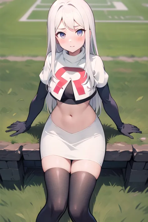 masterpiece, 8k wallpaper, best quality, 1girl, MejiroMcQueen, blush, looking at the viewer, grass, team rocket,team rocket uniform,white skirt,red letter R,crop top,black thigh-highs,black elbow gloves