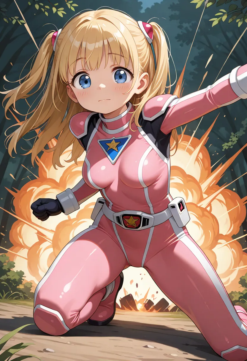 masterpiece, best quality, amazing quality, very aesthetic, absurdres, cute face, slender, detailed eyes, detailed hair, sfw
BREAK 
1girl,real skin,very cute face,tareme,
BREAK 
power ranger pink,　BREAK battle scene,standing on one knee,spread arm,closed o...