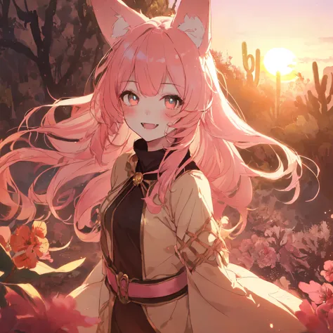 (masterpiece:1.4, best quality:1.3, ultra detailed:1.2)
(beautiful young girl:1.4, pink coyote girl:1.4, animal ears:1.3)
(long fluffy pink hair:1.3, sharp coyote ears:1.3, cute feral eyes:1.3)
(graceful pose:1.2, slight wild expression:1.2, playful smile:...