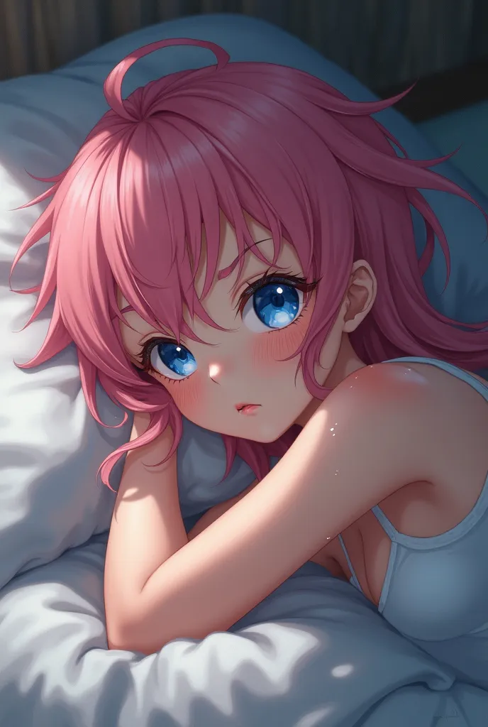 Anime pink hair and blue eyes lie on the bed sweaty and make her tired face