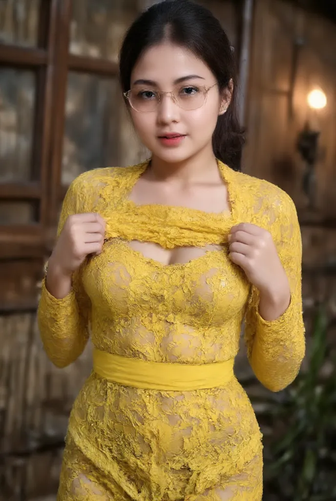 sexy jawa wedding dress with absolute seductive woman and thigh lace yellow dress wearing glasses showing her boob, perfect figure