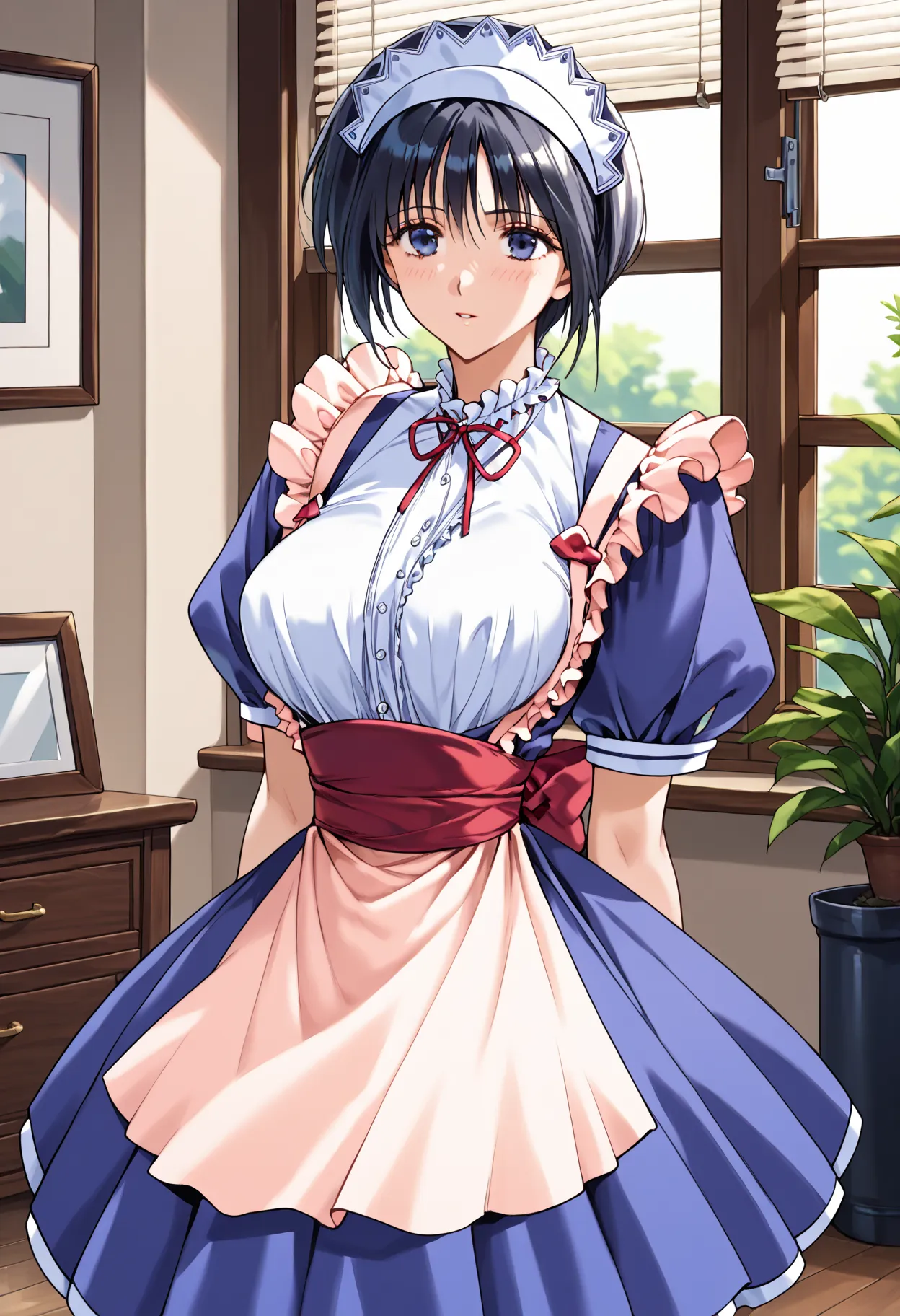 score_9, score_8_up, score_7_up, score_6_up, score_5_up, score_4_up, masterpiece, best quality, break,
1 girl, indoors,  Minamise Aoi, short hair, blue-haired woman, big breasts, maid headdress, maid clothes, skirt,