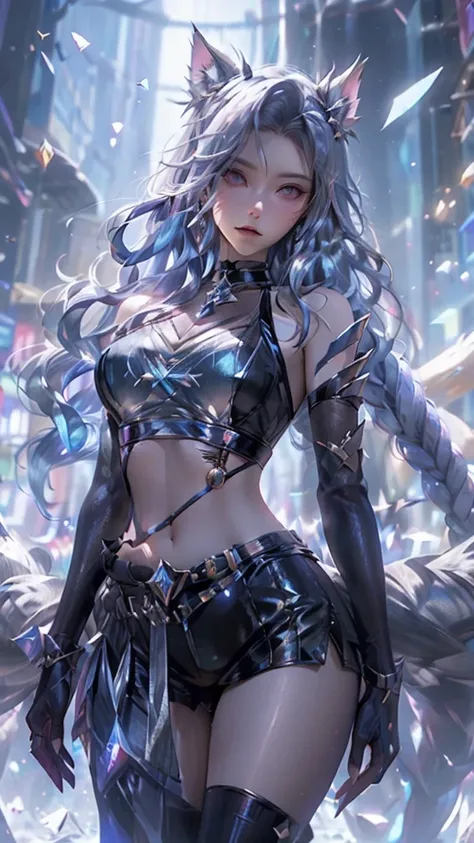 (bright colors, Cinematic feel, Add details, extreme details, sharp focus), steel knife, The blade is long and curved, The sharp edges emit an icy blue light. Runes are engraved on the base of the sword, whole body (close up), (full black) Silver Wolf Girl...