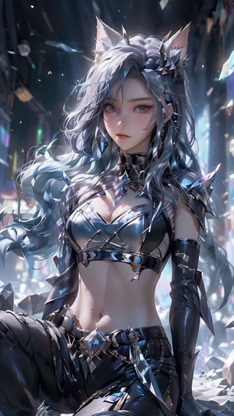 (bright colors, Cinematic feel, Add details, extreme details, sharp focus), steel knife, The blade is long and curved, The sharp edges emit an icy blue light. Runes are engraved on the base of the sword, whole body (close up), (full black) Silver Wolf Girl...