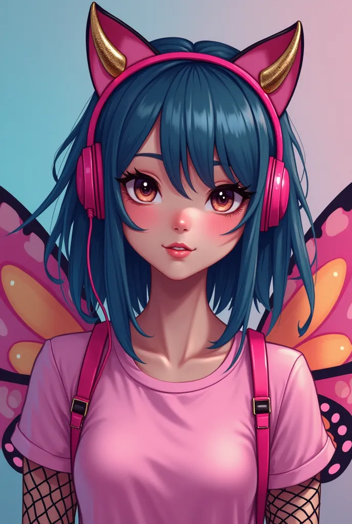 Genre: Woman
Hair :in shades of marado,blue and pink
Leather: Clara
Eyes :Blacks Clothes:a pink t-shirt with pink straps and the one on the right arm some black net Mayans
Accessory on the head:cat headphones in hot pink and gold horns
Back accessory:butte...