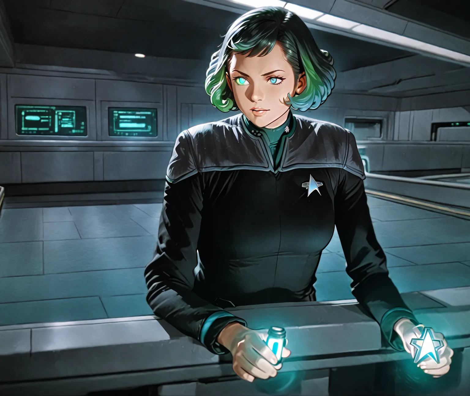 (Star Trek, Strarfleet), (ds9st, teal neck, black and grey star trek uniform), (1 Adult Female, Curly multicolor Hair, cybernetic green glowing eye), (On the bridge of a starship at the science station like mr spock), (Anime Style)