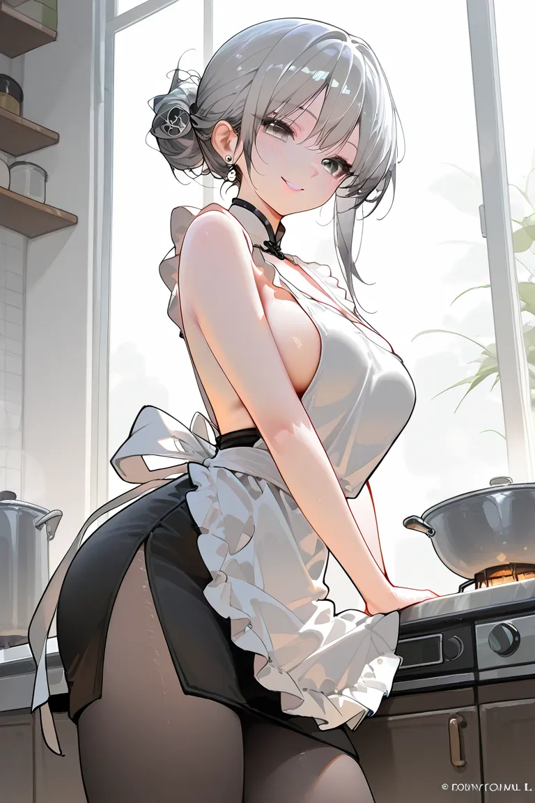 Long grey hair in bun, asian girl, grey eyes, apron, Sexy women. Ethereal beauty. Smile.