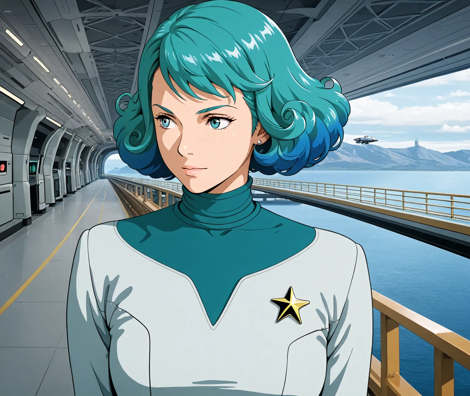 (Star Trek, Strarfleet), (ds9st, teal neck), (1 Adult Female, Curly multicolor Hair), (On the bridge of a starship), (Anime Style)