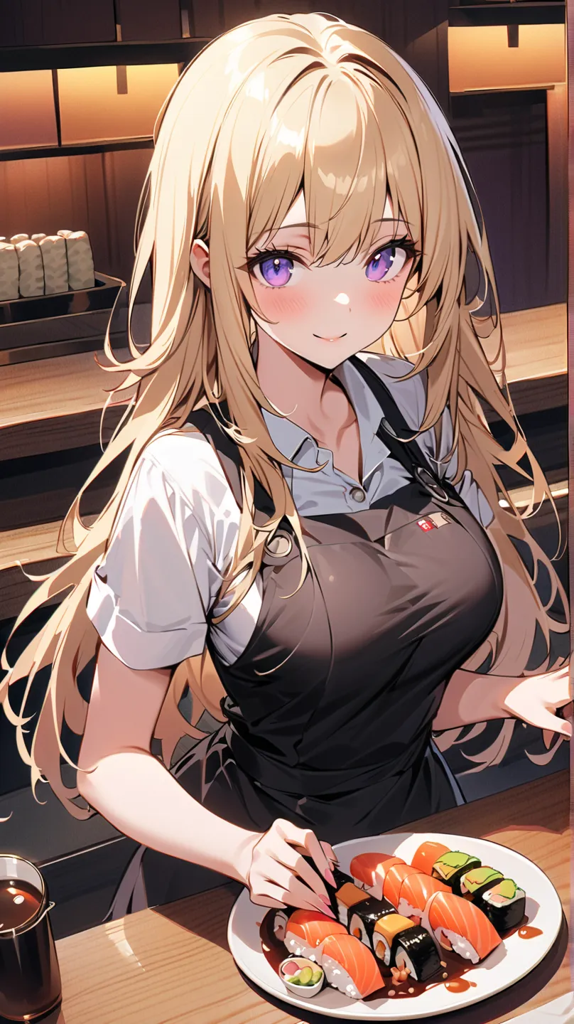 1 girl, alone, solo,
((Top Quality、High Resolution、highly detailed 8K wallpaper))

purple eyes, (long hair,blonde hair),medium boobs, Adult women ,mature,

A high school girl in uniform sits at the counter seat of a conveyor belt sushi restaurant、looking a...