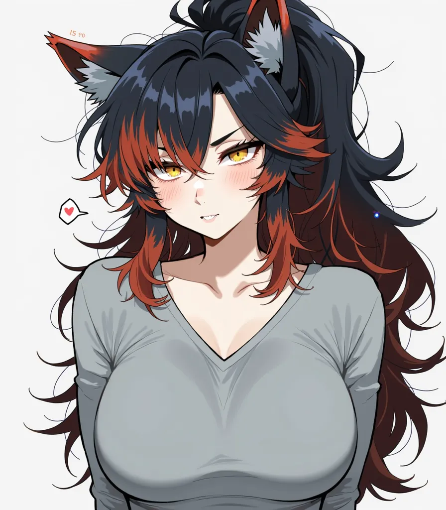 Black-haired half-wolf British woman with reddish tips, Wolf ears and wolf syrup,  Living Room Scenery.