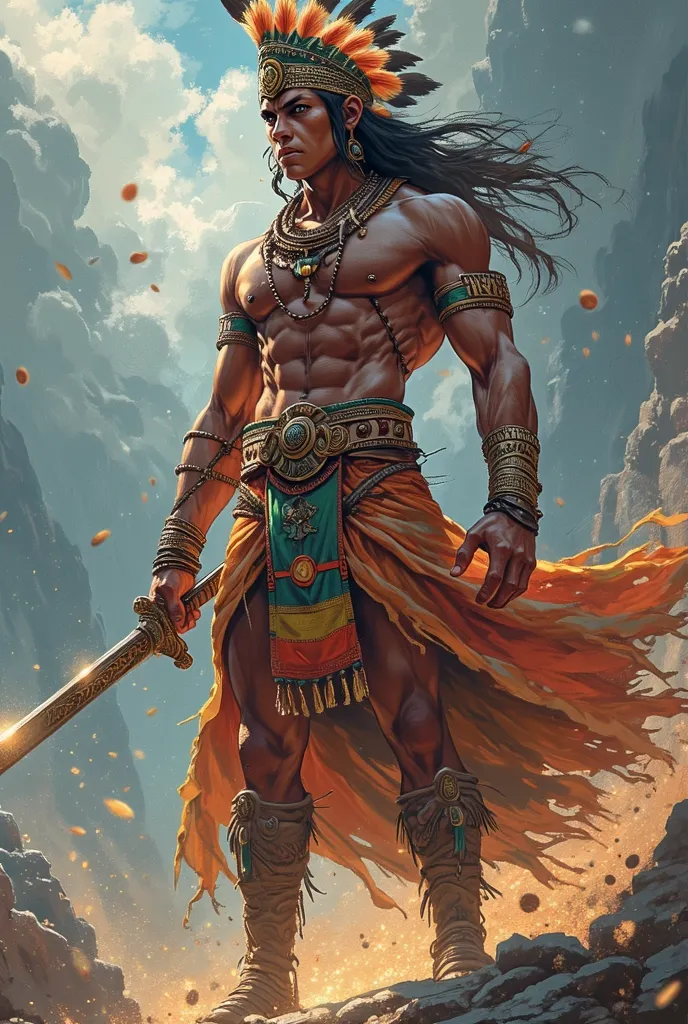 Young Indian man, warrior, black skin, Indian warrior outfit, Indian sword, draw this in an anime manga style