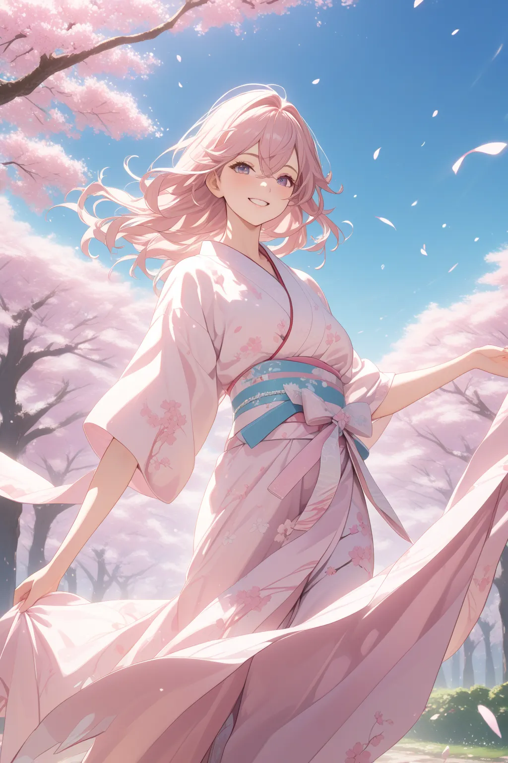 A beautiful girl wearing a kimono with a cherry blossom pattern, a large weeping cherry tree in the background, cherry blossoms falling, the wind is strong, she is smiling and looking at the camera1人の女の子, High Resolution, accurate, won numerous awards, HD ...