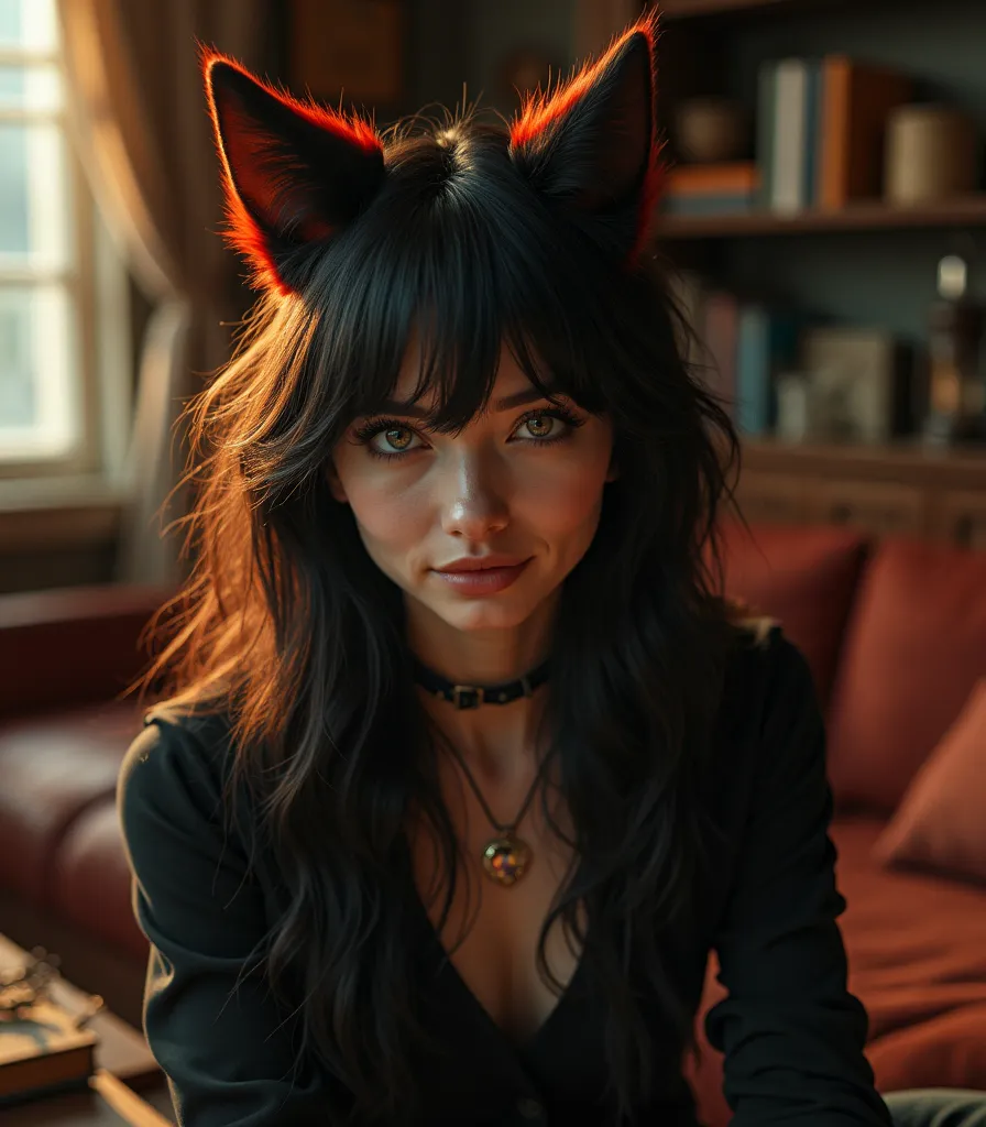 Black-haired half-wolf British woman with reddish tips, Wolf ears and wolf syrup,  Living Room Scenery.