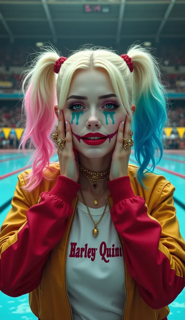 "A vivid painting of Harley Quinn, looking desperate and suffering, holding her head in her hands. Her makeup is dramatic, with blue and green tears streaming down her pale face, contrasting with the details of her painted smile. She has platinum blonde ha...