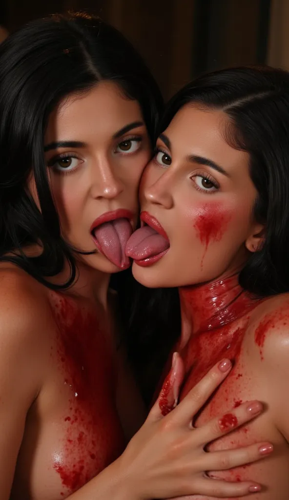  Closeup front view Shot in a sex dungeon. Well lit setting, Full face visible. Nude girl and her twin sister. Long black hair. They are tongue kissing with their while looking at viewer. Their faces are fully covered in blood. Their chins and faces and li...