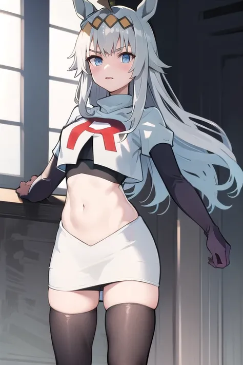 masterpiece, best quality, 
oguri cap \(umamusume\), light ray, 
navel, team rocket,team rocket uniform,white skirt,red letter R,crop top,black thigh-highs,black elbow gloves
