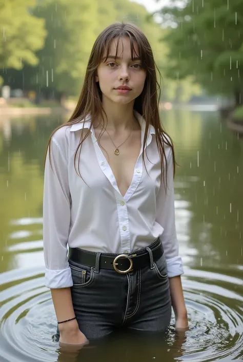 An 16-year-old wet girl dressed wet in a low-cut white button-up shirt, high-waisted black jeans and a very wide leather black belt with a circular buckle is swimming in the river water in the park submerged up to the chest, under a heavy rain