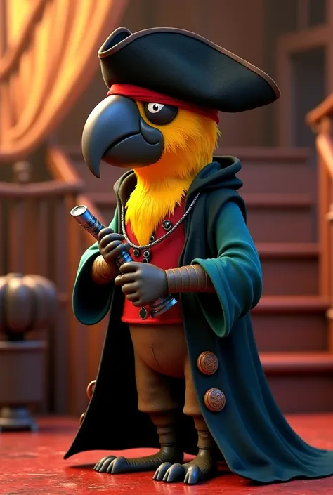 A pirate rogue parrot with a black cloak,une jambe de bois  ,, A curved sword in his hand a pirate blindfold on the eye funny Pixar humor full body seen from a distance decor a dark and dangerous pirate ship cabin 