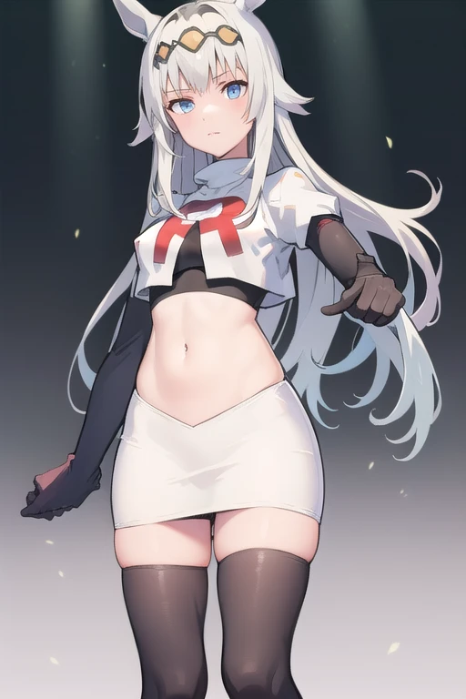 masterpiece, best quality, 
oguri cap \(umamusume\), light ray, 
navel, team rocket,team rocket uniform,white skirt,red letter R,crop top,black thigh-highs,black elbow gloves
