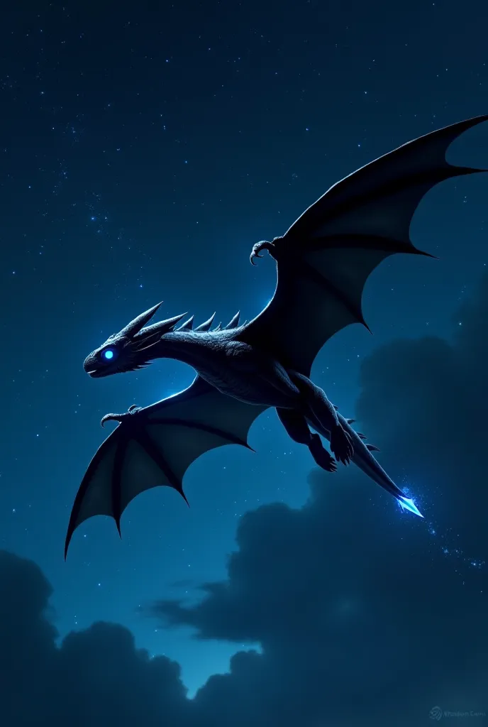 Midnight sky with a black night fury dragon (how to train your dragon) with bright fluorescent blue under     belly