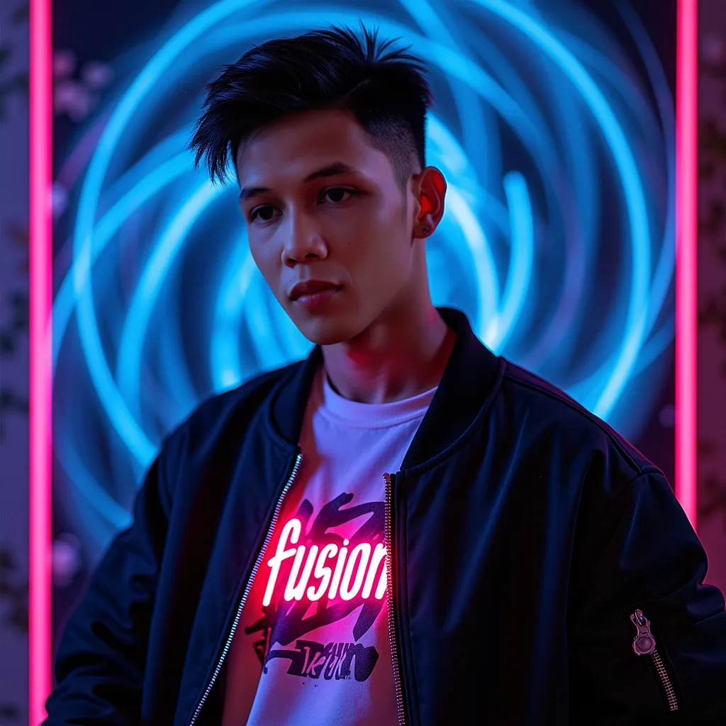 A striking album cover featuring a 30-year-old Indonesian man with a sharp two-block haircut, his gaze intense and focused, conveying a sense of confident energy.  He is positioned slightly off-center, angled three-quarters towards the viewer, his body rel...