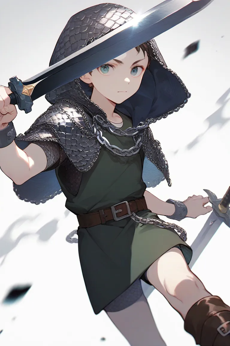 Solo, male, young boy, young appearance, lean, white pale skin, stoic facial expression, sharp facial features, medium height, chain mail armor, chain mail hood over head, dark green tunic, brown boots, wielding black sword, white background