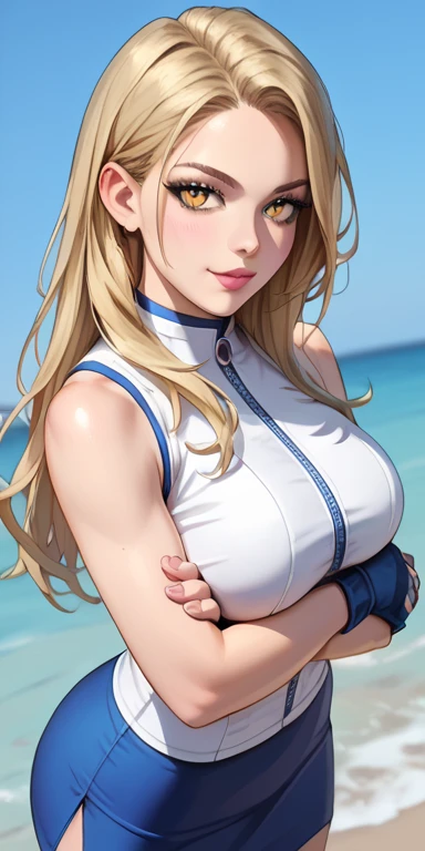  female 1 person,high image quality,High Resolution,super realistic,8k, 1, blonde hair, long hair, yellow eyes,white jacket, sleeveless ,fingerless gloves,blue skirt, tight skirt, miniskirt, big breasts,Europe, sexy,upper body closeup,taken from the front,...