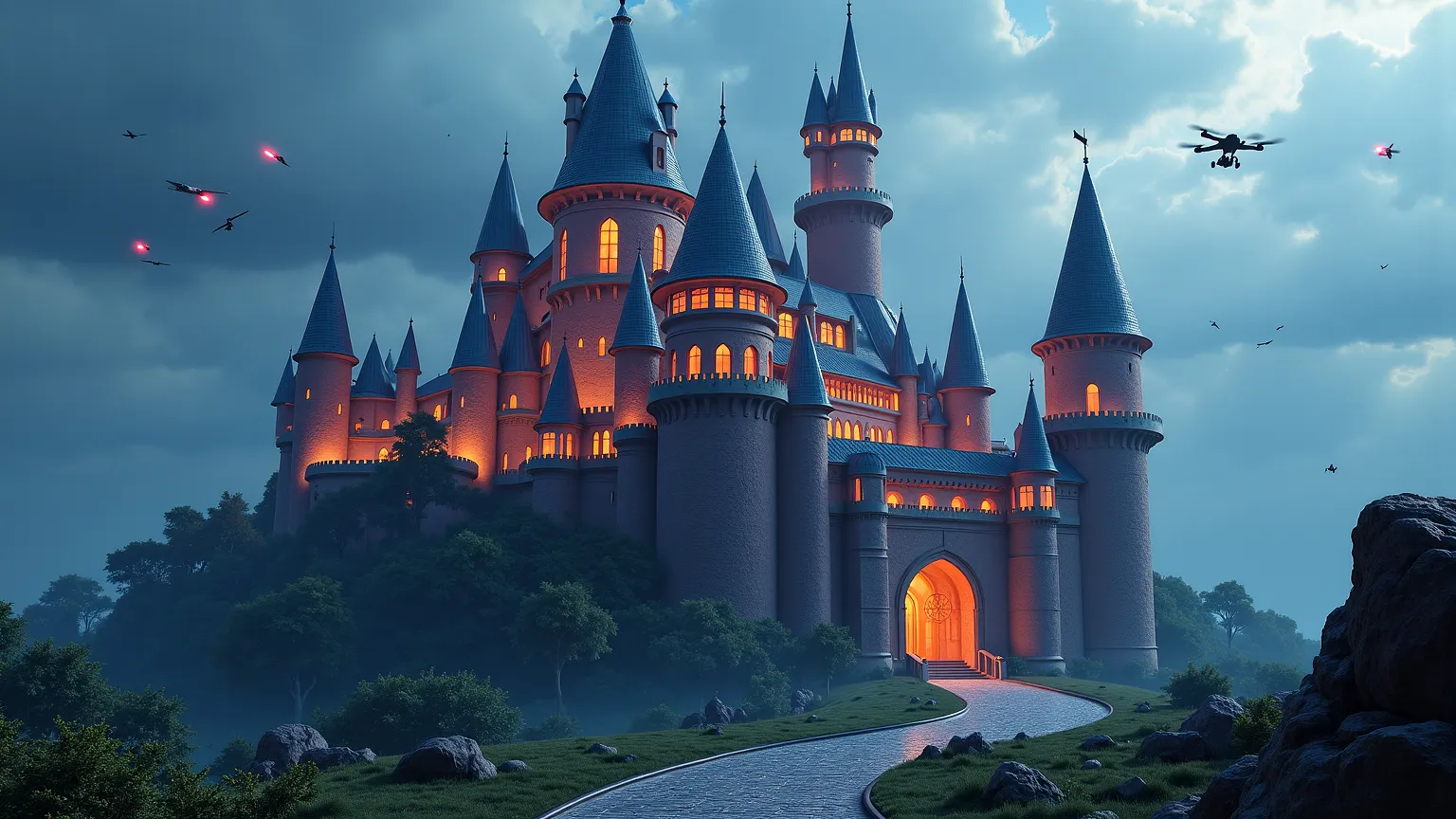 Create an image at 7680 x 4320 pixels (8K resolution), 16:9 aspect ratio, in sRGB color space, and saved as a JPEG under 45 MB. Depict a grand medieval-style castle enhanced with futuristic elements—like neon lights and hovering drones—in a landscape where...