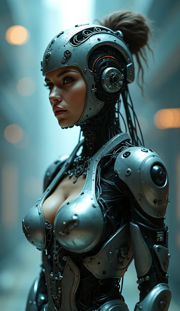 ossttn, cybernetic female wearing epic bionic cyborg implants, wires, tubes, biomechanical details, super model, prismatic highlights, telephoto, depth of field, cinematic, macro, 