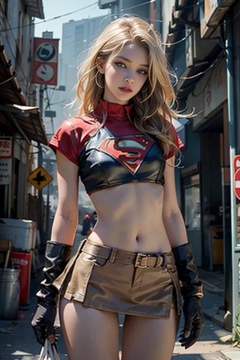 Unreal Engine:1.4,Ultra realistic CG K, Photorealistic:1.4,  skin texture :1.4, masterpiece:1.4,Beautiful woman wearing a sexy Supergirl costume, blonde and blond hair, blue eyes, underwear Detailed background, super cyberpunk outfit . wide hips,An apocaly...