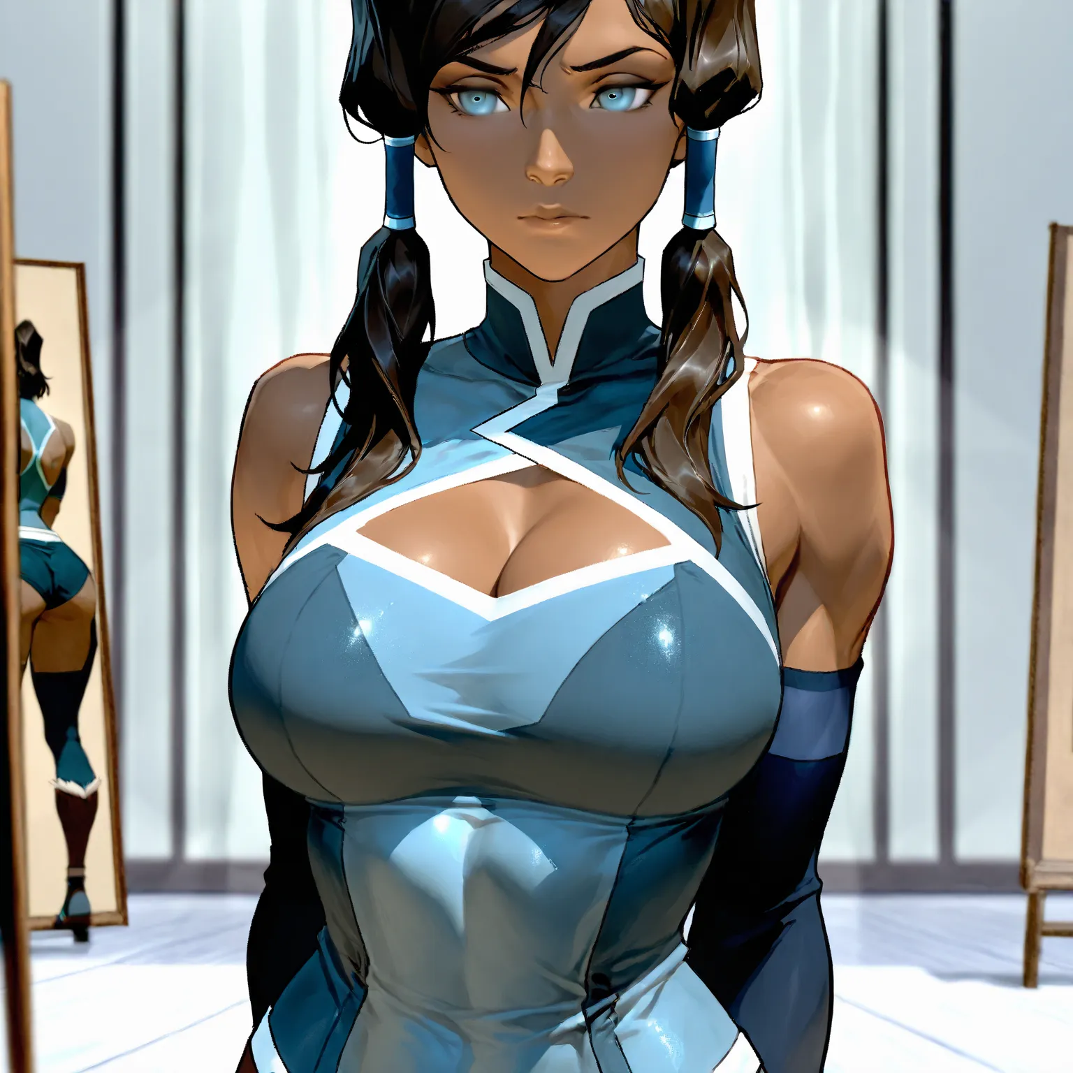 Stunningly attractive woman, Korra, The Legend Of Korra:, High Resolution, Masterpiece, glistening, impeccable physical shape, sexy clothing, different hairstyles, different clothing styles, different clothing, elaborate clothing, complicated clothes, indi...