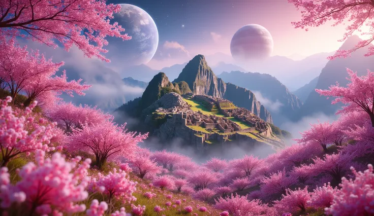masterpiece, The ruins of Machu Picchu (cuzco) beautiful, a large cherry blossom forest, a lot of clouds everywhere, a planet in the sky and stars, The ruins of Machu Picchu muy Detailed, beautiful bosque de flor de cerezos de color impresionante, clouds...