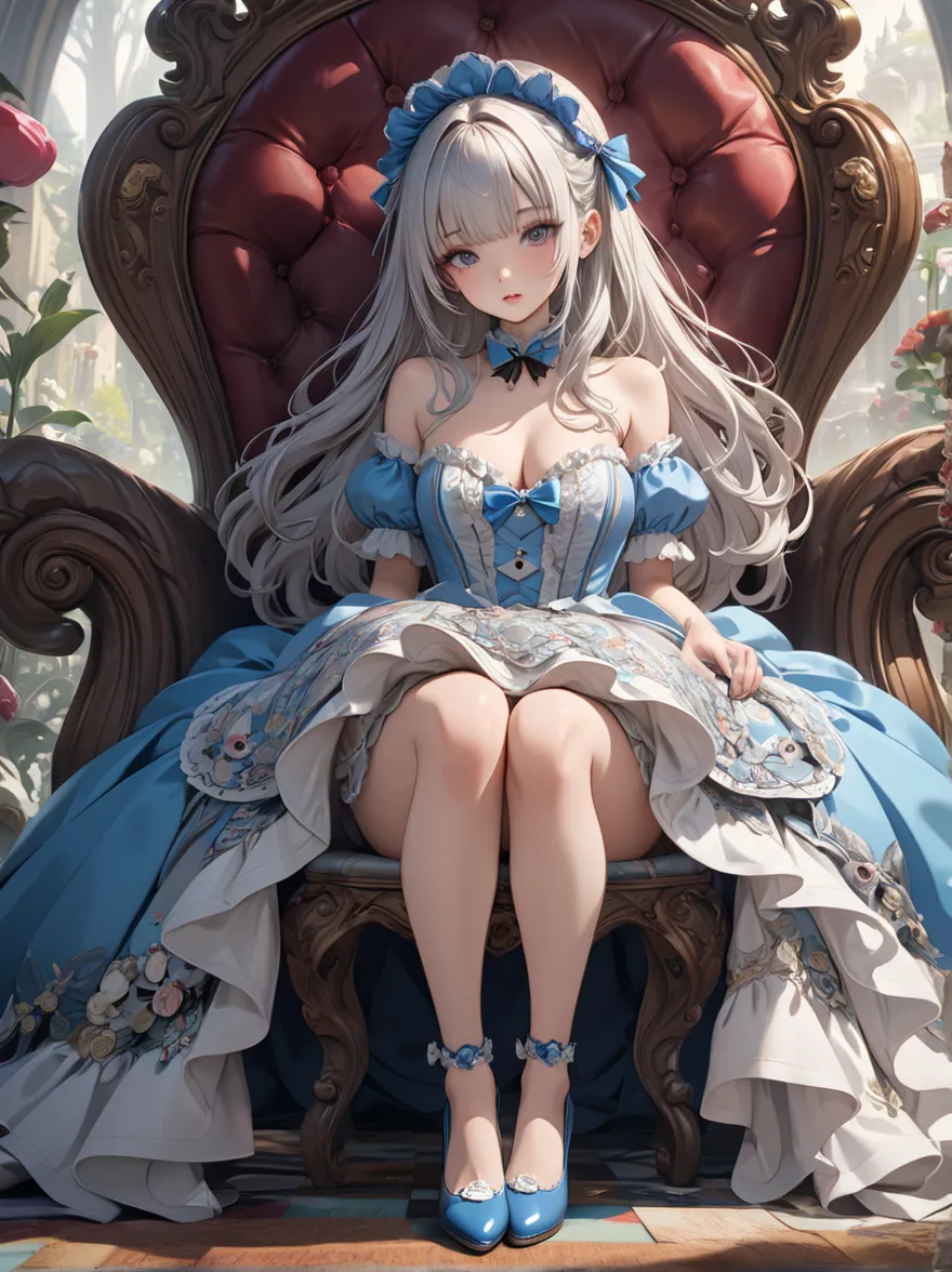  Head to Knee Shots 、1 girl, masterpiece, Top Quality, 8k, fine skin, The texture of fine fabric , beautiful detailed face, complicated details, very detailed, Alice in Wonderland,  full body