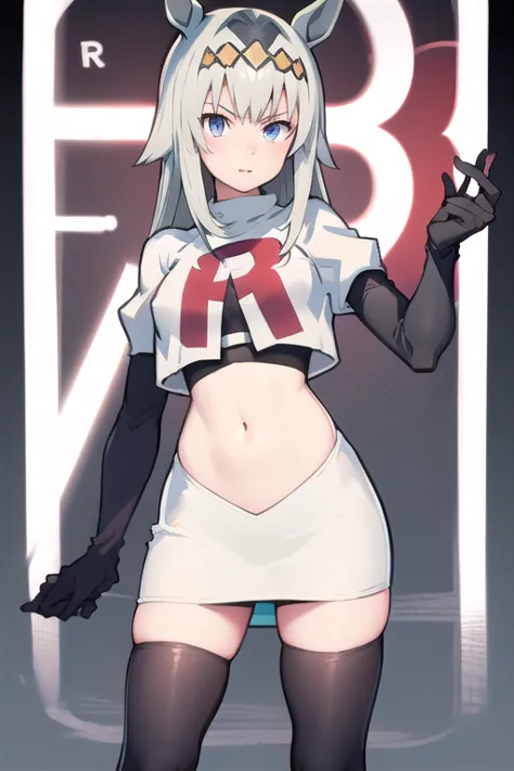 masterpiece, best quality, 
oguri cap \(umamusume\), light ray, 
navel, team rocket,team rocket uniform,white skirt,red letter R,crop top,black thigh-highs,black elbow gloves
