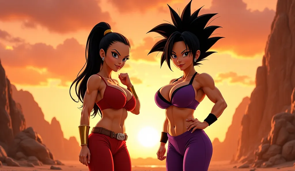 A hyper-realistic, cinematic portrait of Caulifla and Kale from Dragon Ball with huge breasts, standing together in a dramatic, battle-ready pose. The setting is an alien rocky wasteland during a vibrant sunset, with the golden-orange hues of the sky casti...