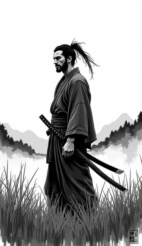 "Create a black-and-white ink-style illustration inspired by Vagabond, mimicking the artistic style of Takehiko Inoue. The scene should depict a lone samurai standing in a field of tall grass, his tattered kimono flowing in the wind. His face is rugged, wi...