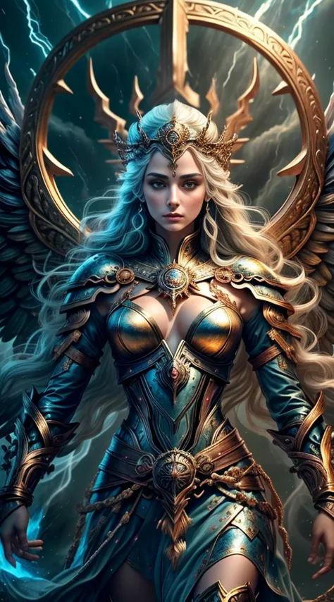 (((Masterpiece))), "Mighty Valkyrie of Strength and power, Lady of Thunder transcending the Norse, germanic, e mitologias gregas, revele-nos sua majestade! Describe in detail the stunning appearance of this deity who personifies formidable strength, power ...