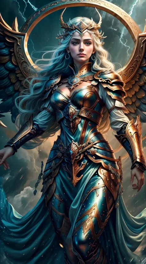 (((Masterpiece))), "Mighty Valkyrie of Strength and power, Lady of Thunder transcending the Norse, germanic, e mitologias gregas, revele-nos sua majestade! Describe in detail the stunning appearance of this deity who personifies formidable strength, power ...