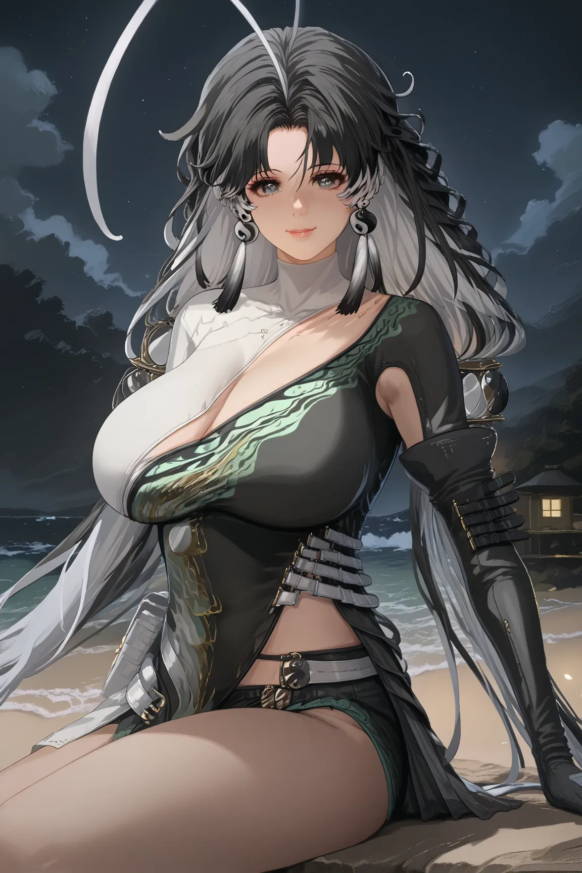 ((((hourglass body, model figure, huge breasts, milf)))), 
BREAK, 
(((cowboy shot, cinematic lighting, midnight, night, dark))), 
BREAK, 
((jianxindef, grey eyes, black hair, white hair, grey hair, multicolored hair, long hair, low twintails, ahoge, earrin...